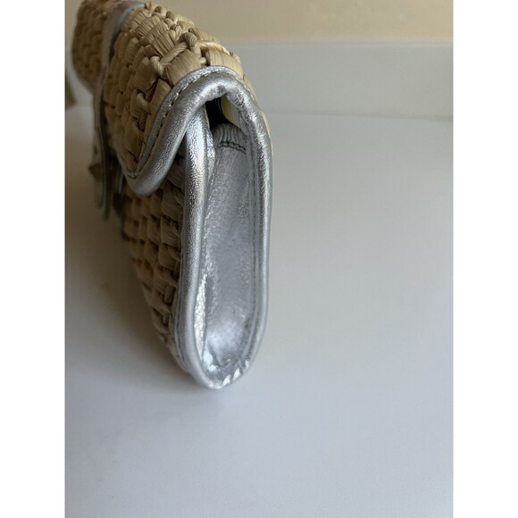 Kate Spade New York Woven Straw Basket Clutch Silver Metallic Leather Trim - Picture 8 of 12
